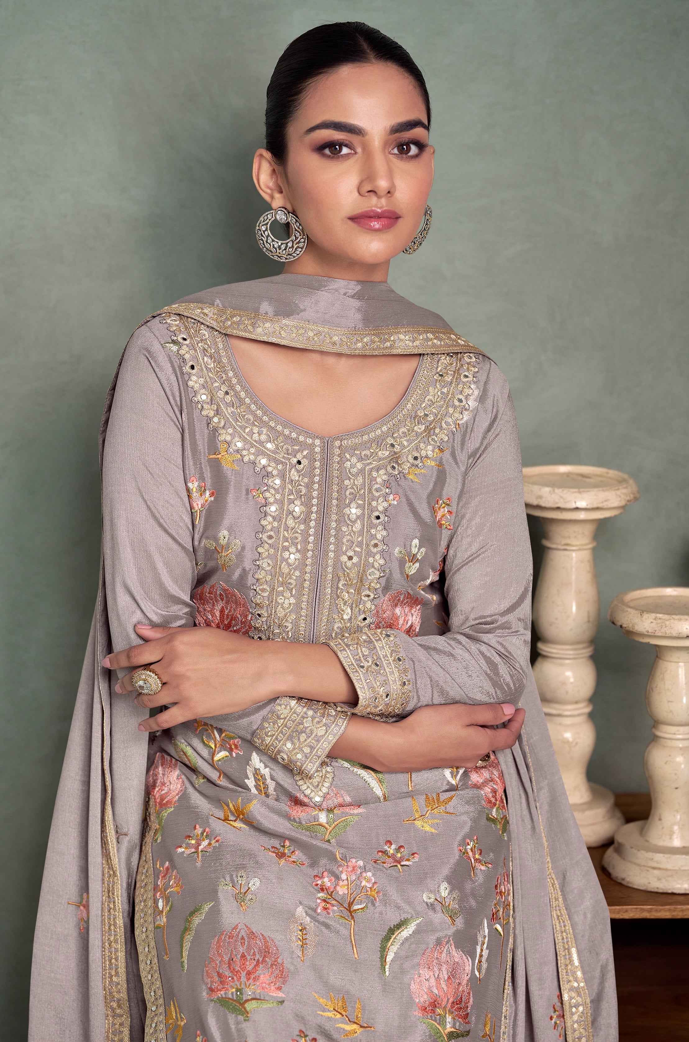 Grey Heavy Designer Suit With Heavy Embroidery Work