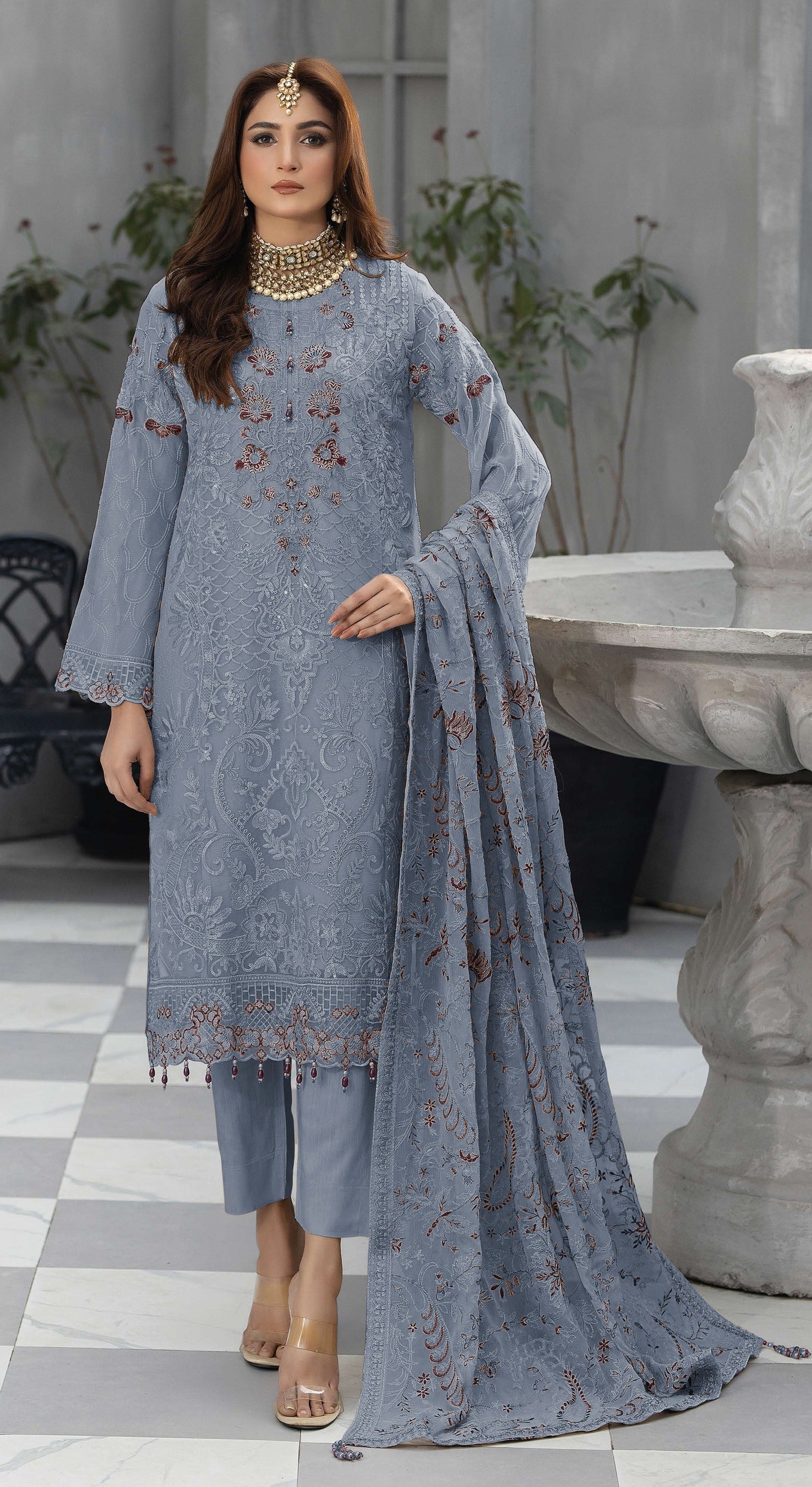 Grey Heavy Designer Suit With Heavy Embroidery Work