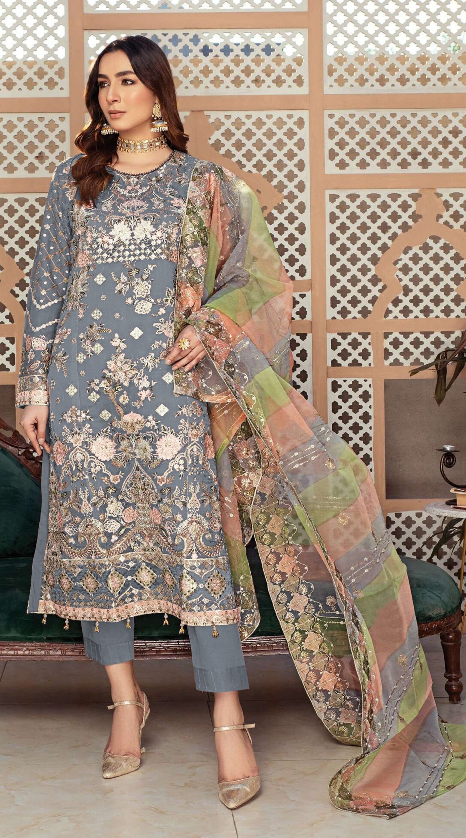 Grey Heavy Designer Suit With Heavy Embroidery Work