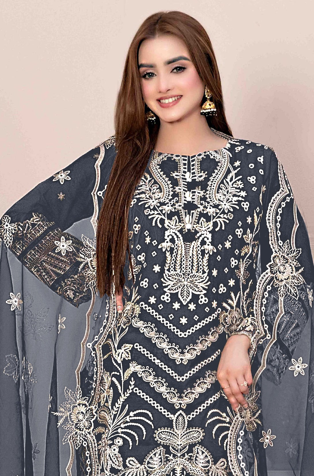 Grey Heavy Designer Suit With Heavy Embroidery Work