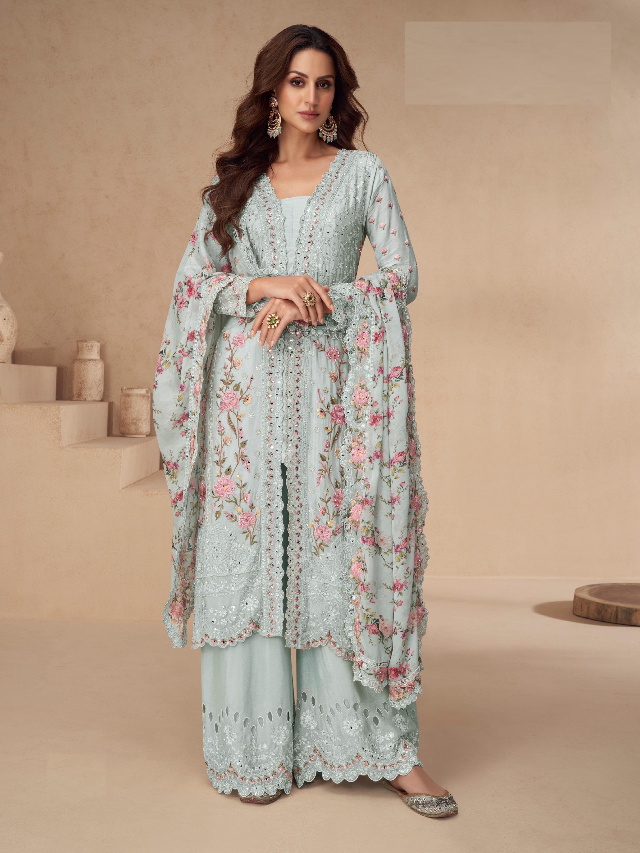 Grey Heavy Designer Suit With Heavy Embroidery Work