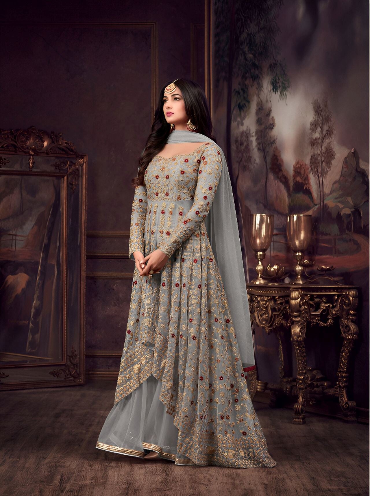Grey Heavy Designer Suit With Heavy Embroidery Work