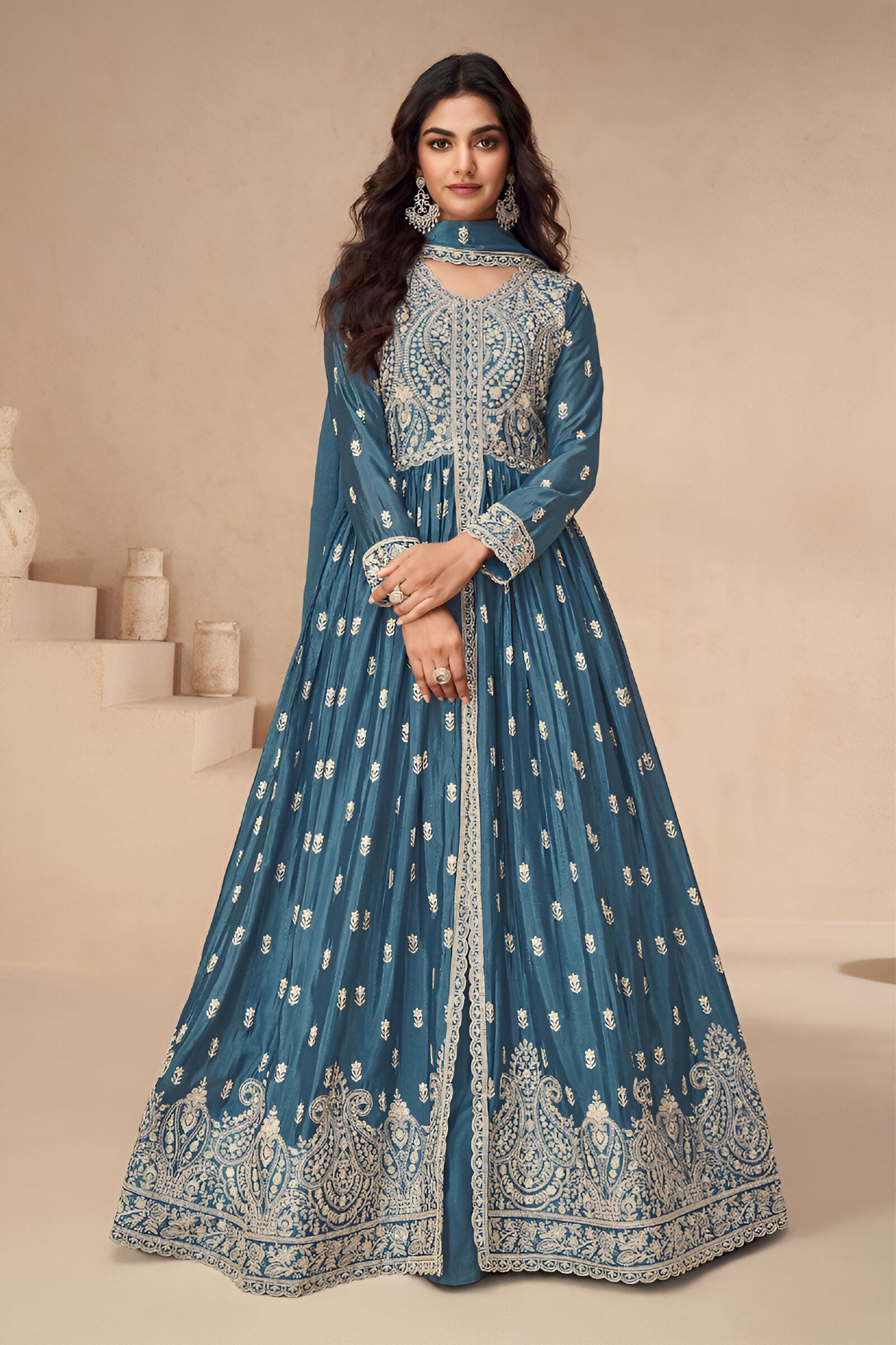 Grey Heavy Designer Suit With Heavy Embroidery Work