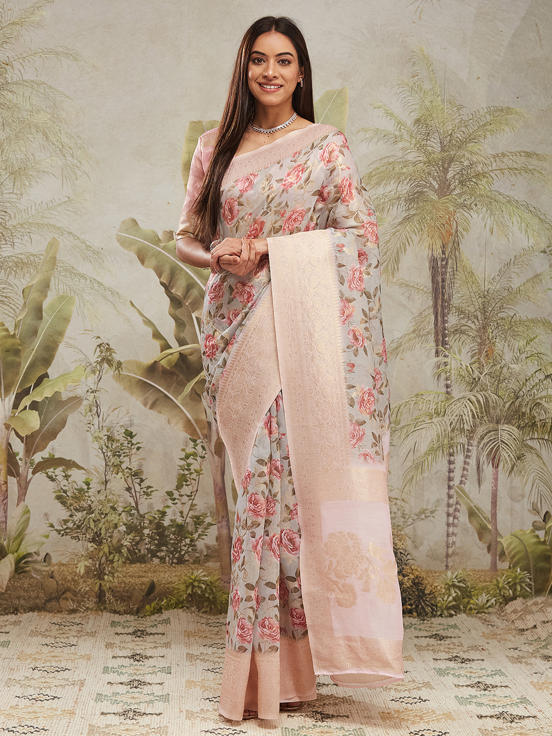 Grey Jacquard Silk Designer Pre-Stitched Saree For Trendy Fashion Looks