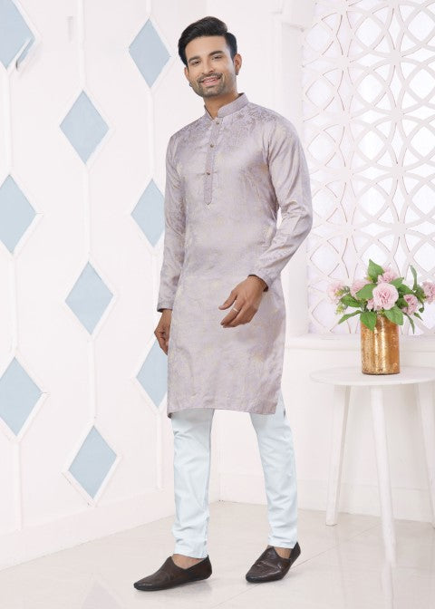 Grey Jacquard Silk Pintex Jacquard Ethnic Festive Kurta Pajama