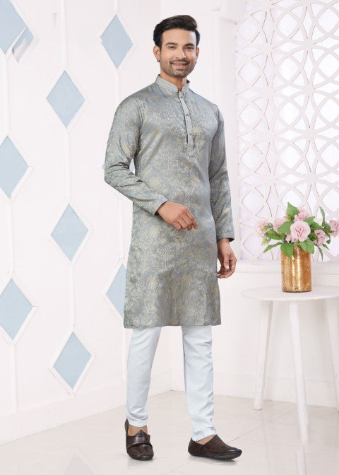 Grey Jacquard Silk Pintex Jacquard Ethnic Festive Kurta Pajama