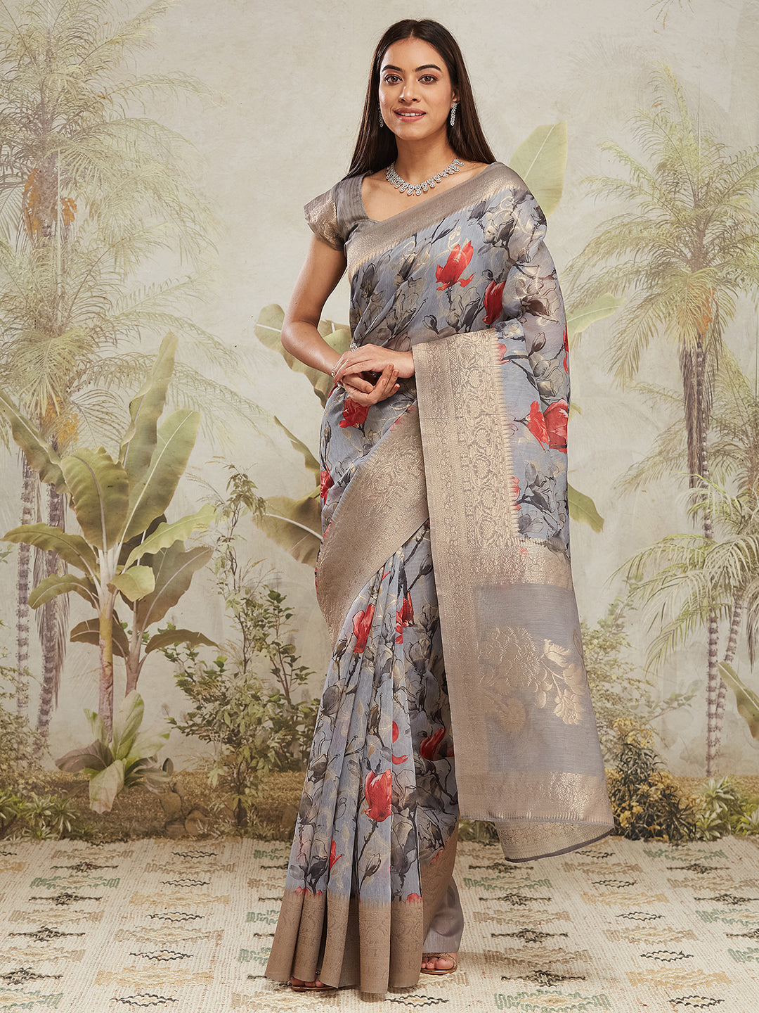 Grey Jacquard Silk Saree With Beautiful Floral Print Designer
