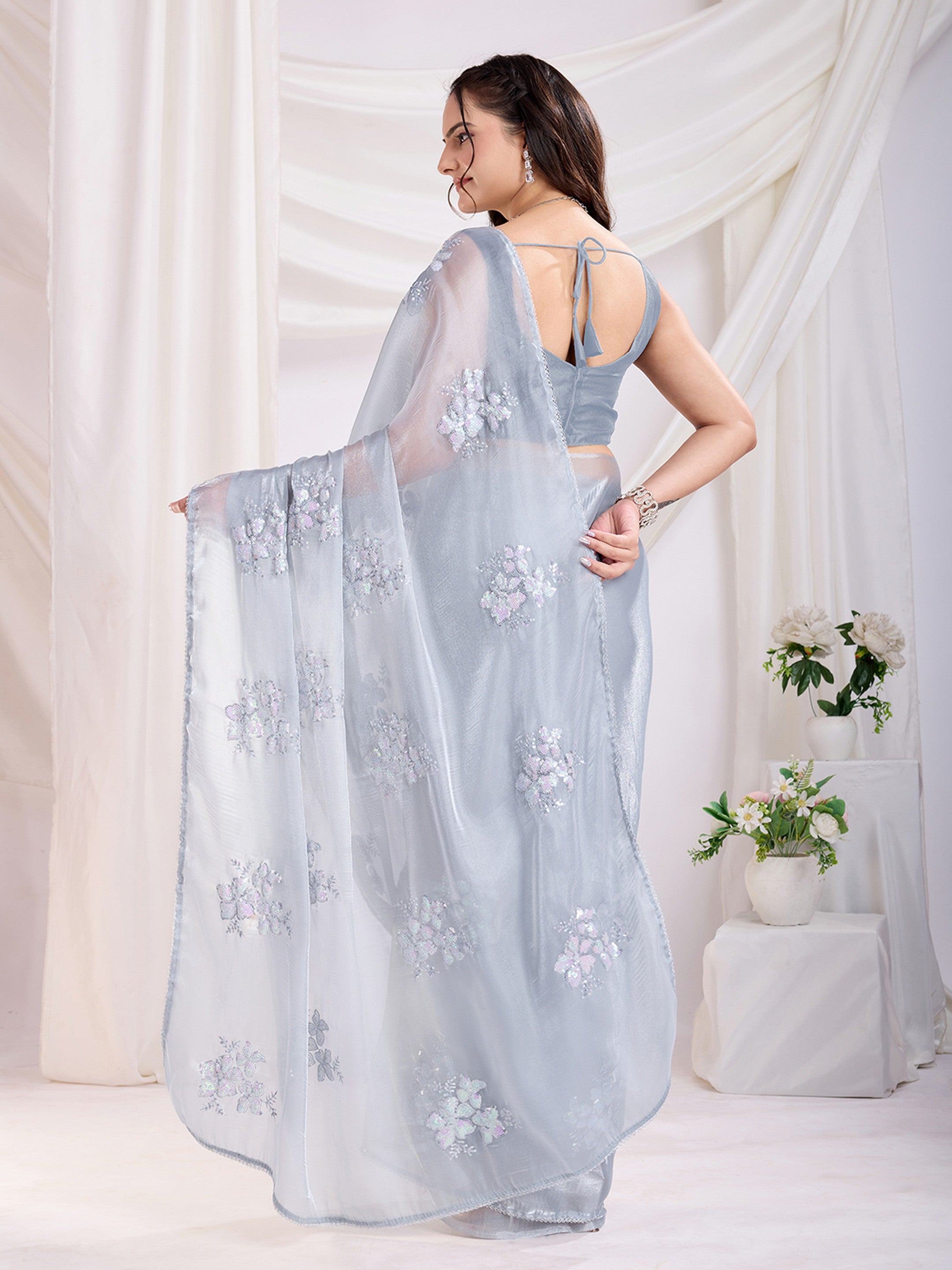 Grey Jimmi Choo Sequins Embroidery Work Ethnic Party Saree