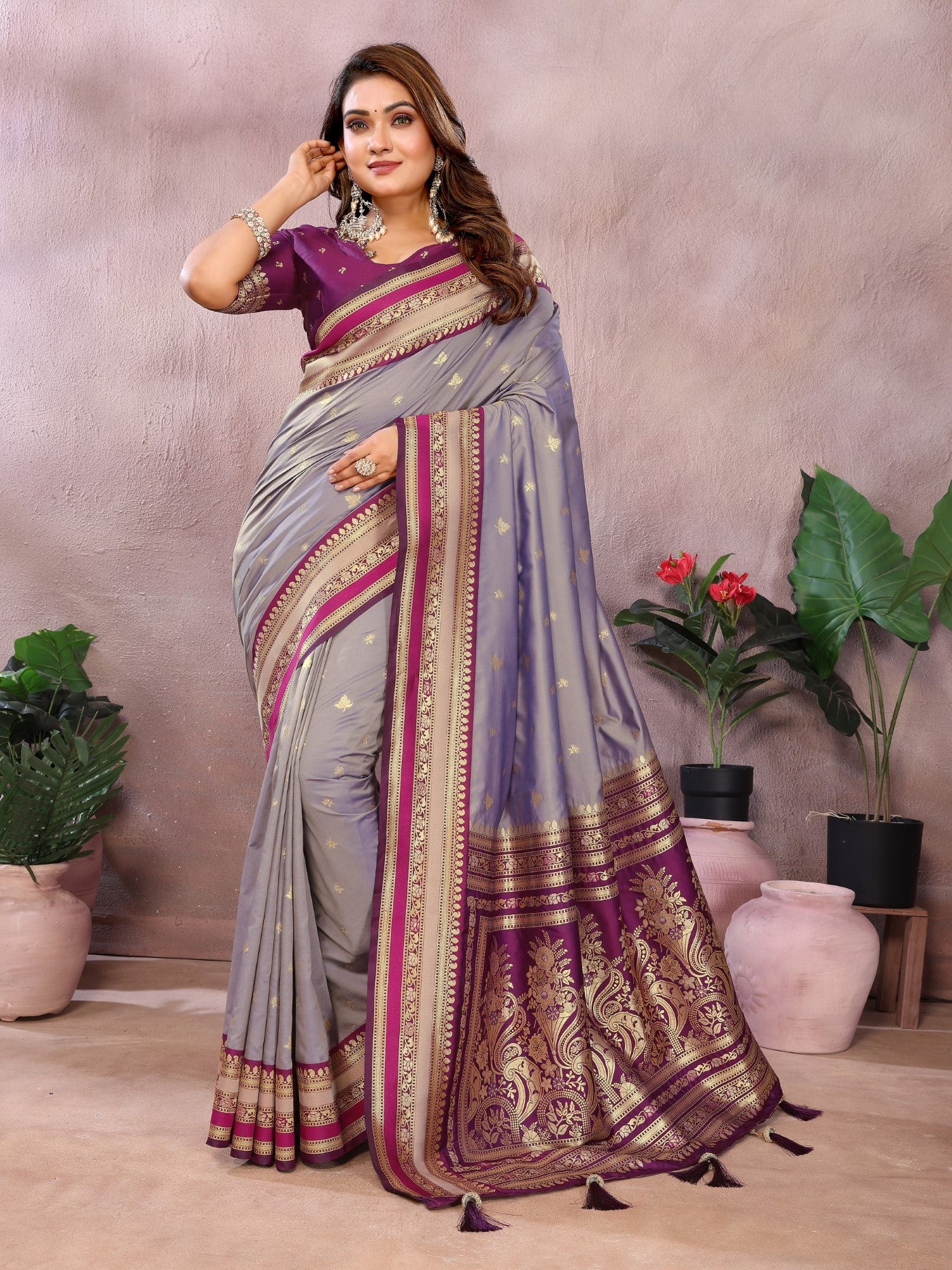 Grey Kalamkari Silk Saree With Traditional Weaving