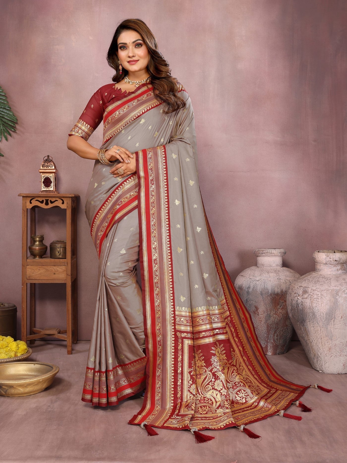 Grey Kalamkari Silk Saree With Traditional Weaving