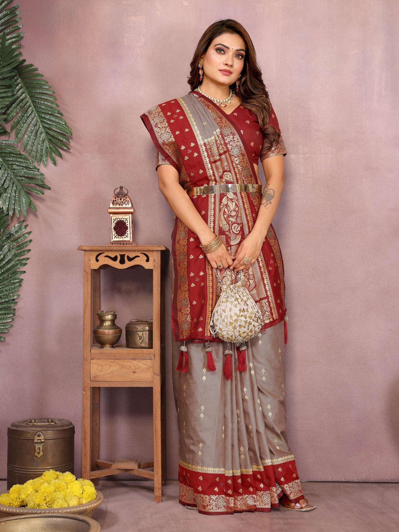 Grey Kalamkari Silk Saree With Zari Woven