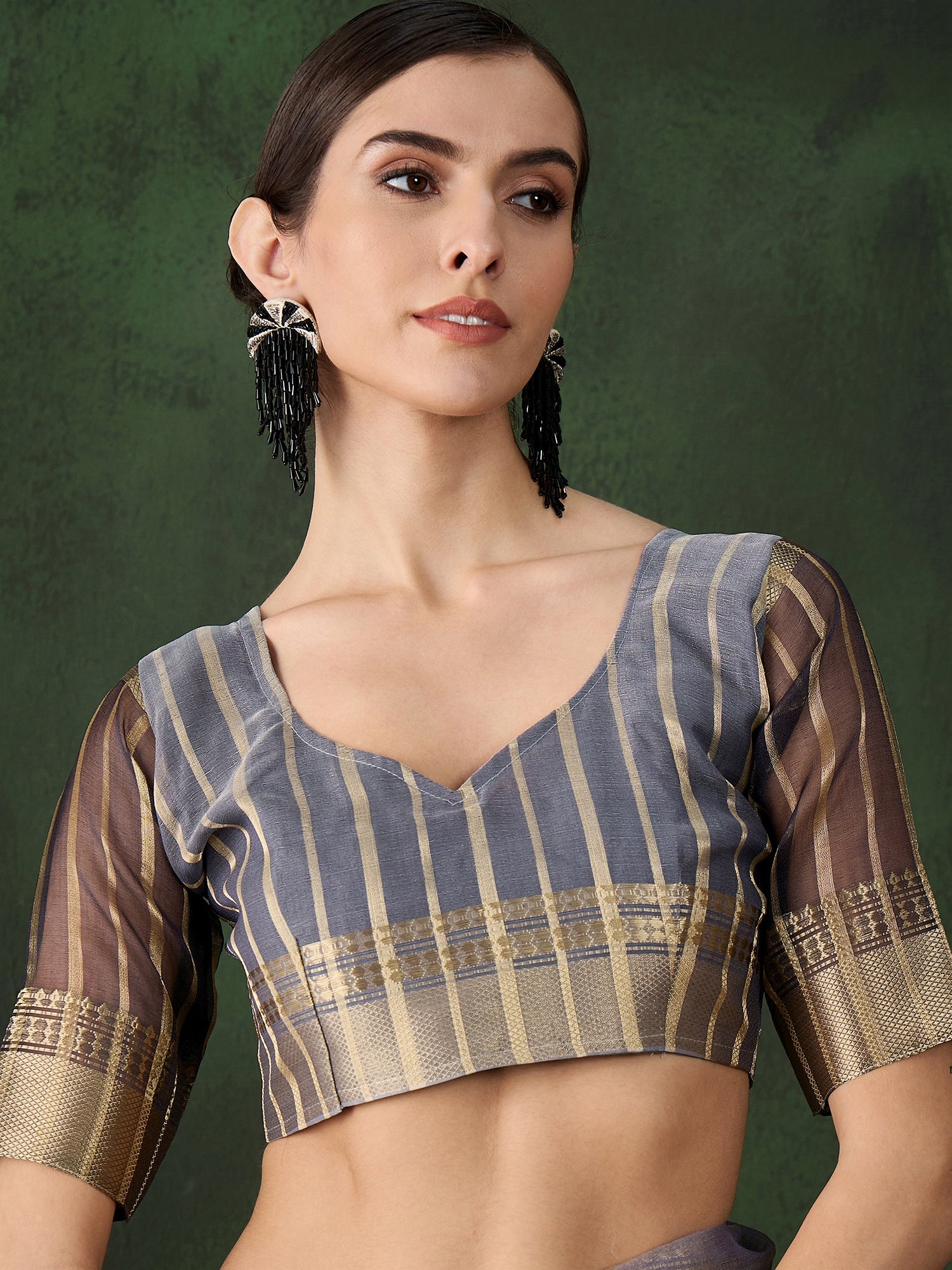 Grey Khadi Organza Fabric Beautiful Woven Jacquard Designer Saree