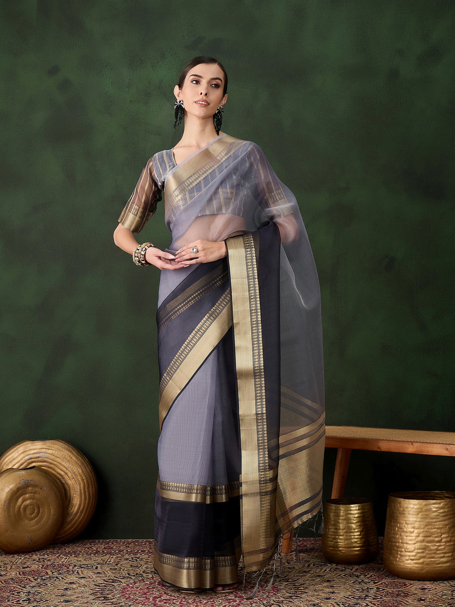 Grey Khadi Organza Fabric Beautiful Woven Jacquard Designer Saree