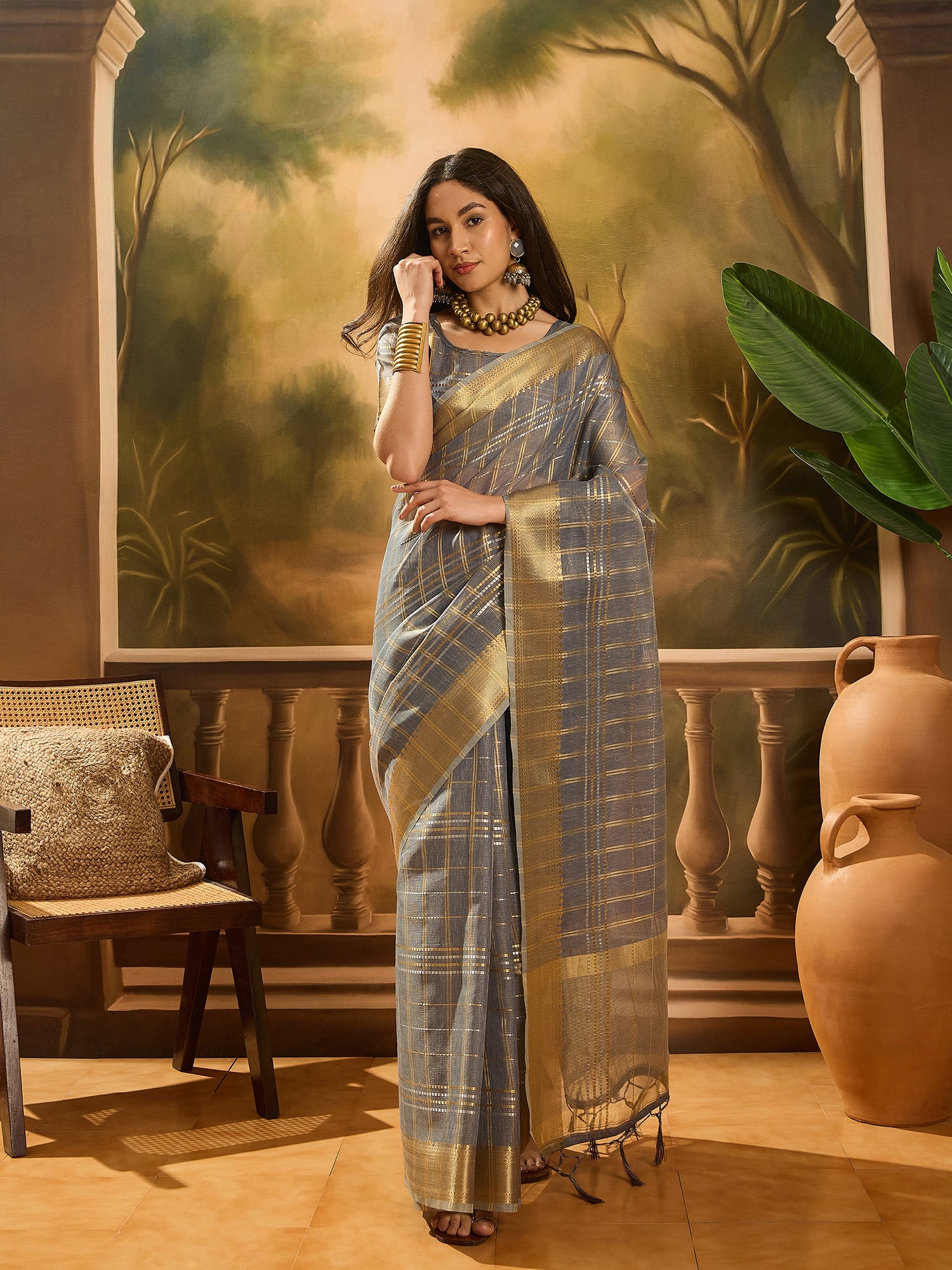 Grey Khadi Organza Woven Jacquard Designer Ethnic Traditional Festive Wear Saree