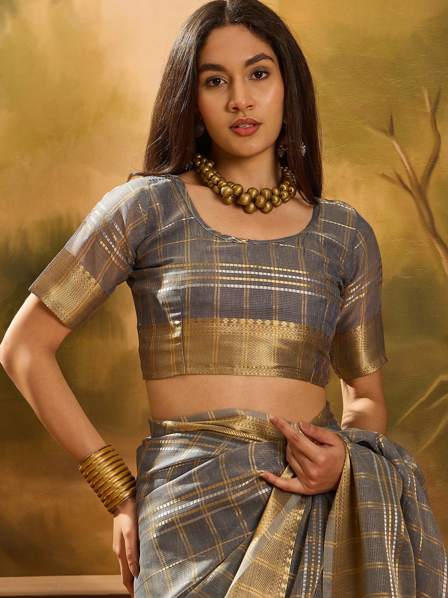 Grey Khadi Organza Woven Jacquard Designer Ethnic Traditional Festive Wear Saree