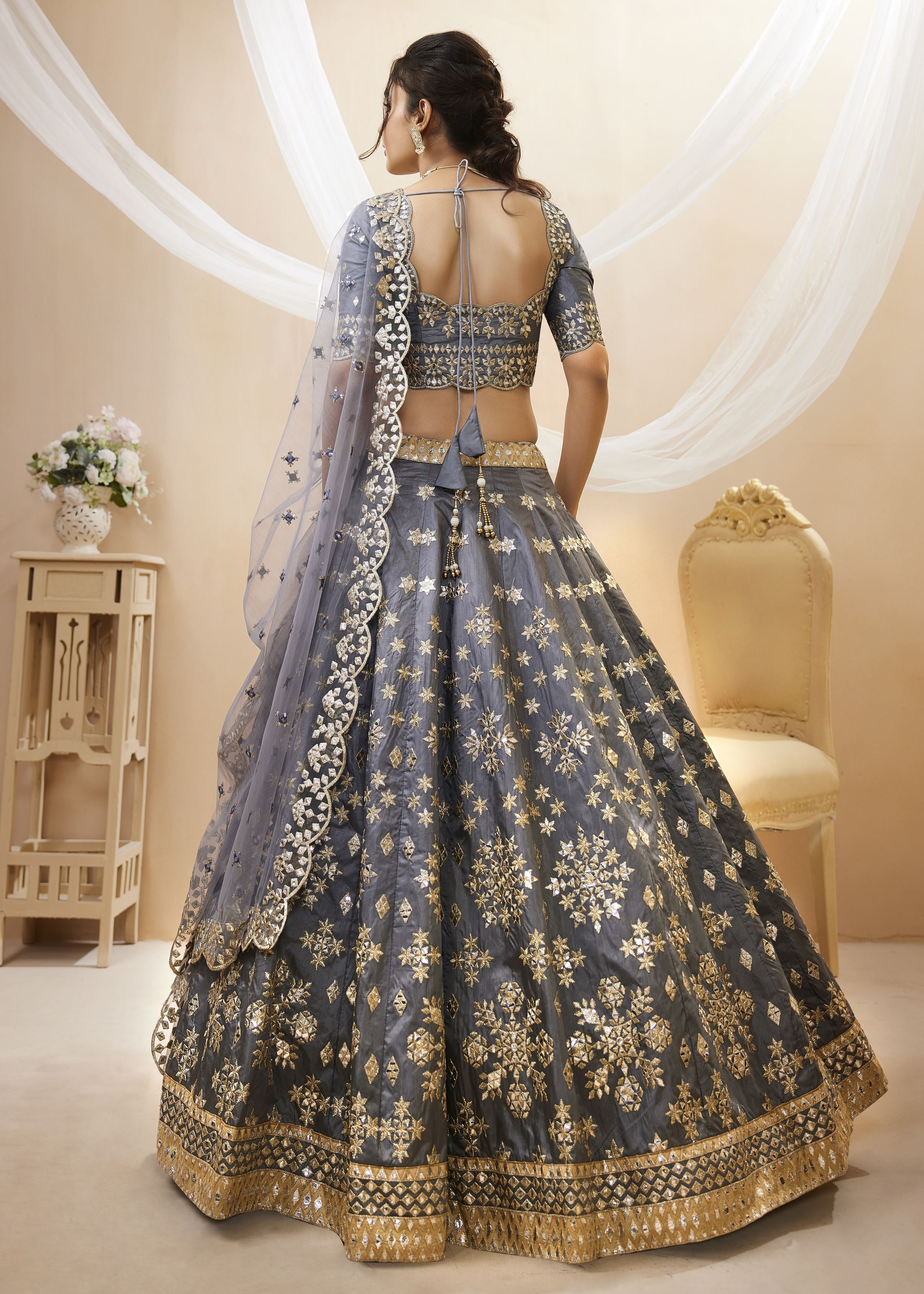 Grey Lehenga Choli With Sequins, Foil & Zari Embroidered Work