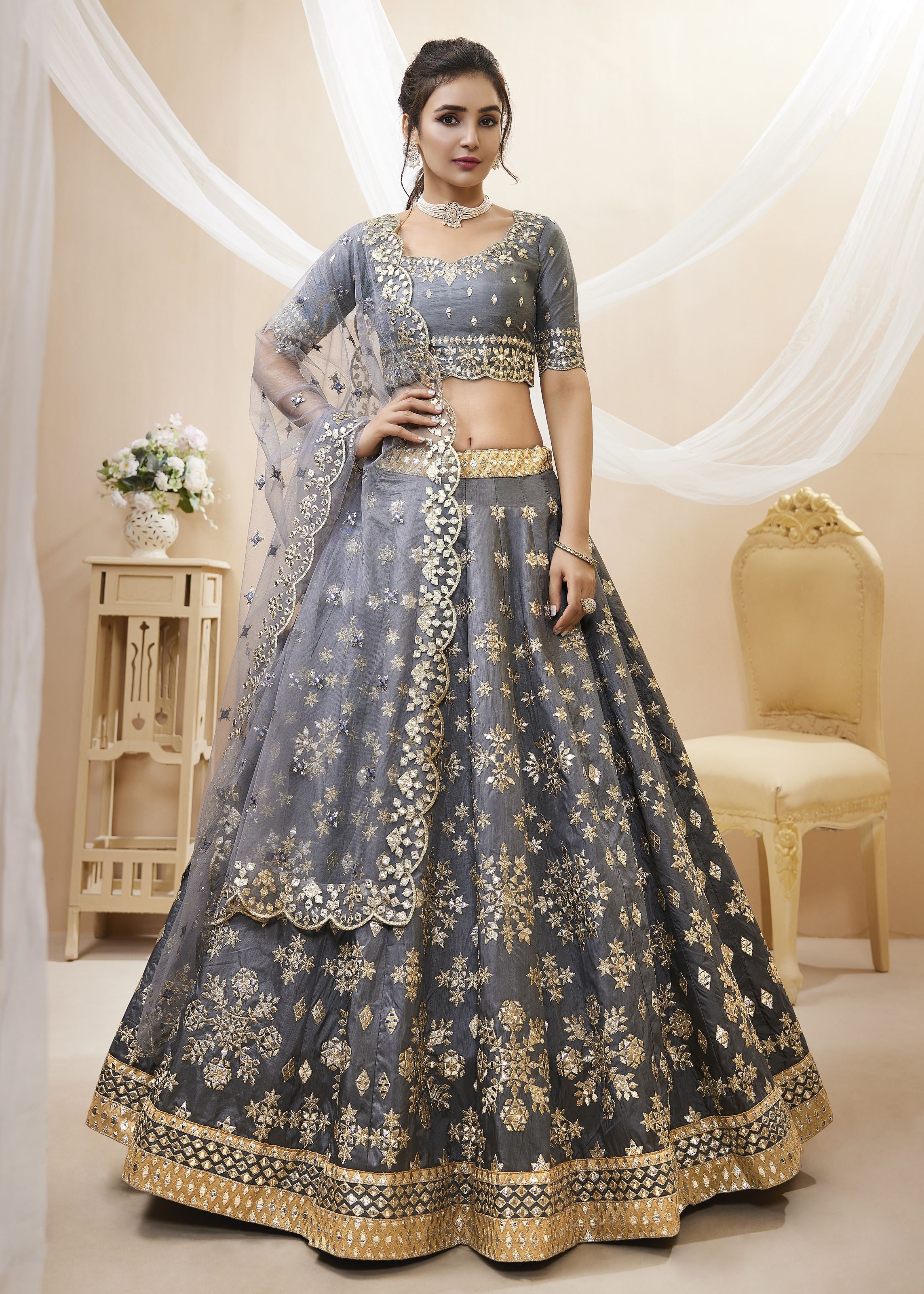 Grey Lehenga Choli With Sequins, Foil & Zari Embroidered Work