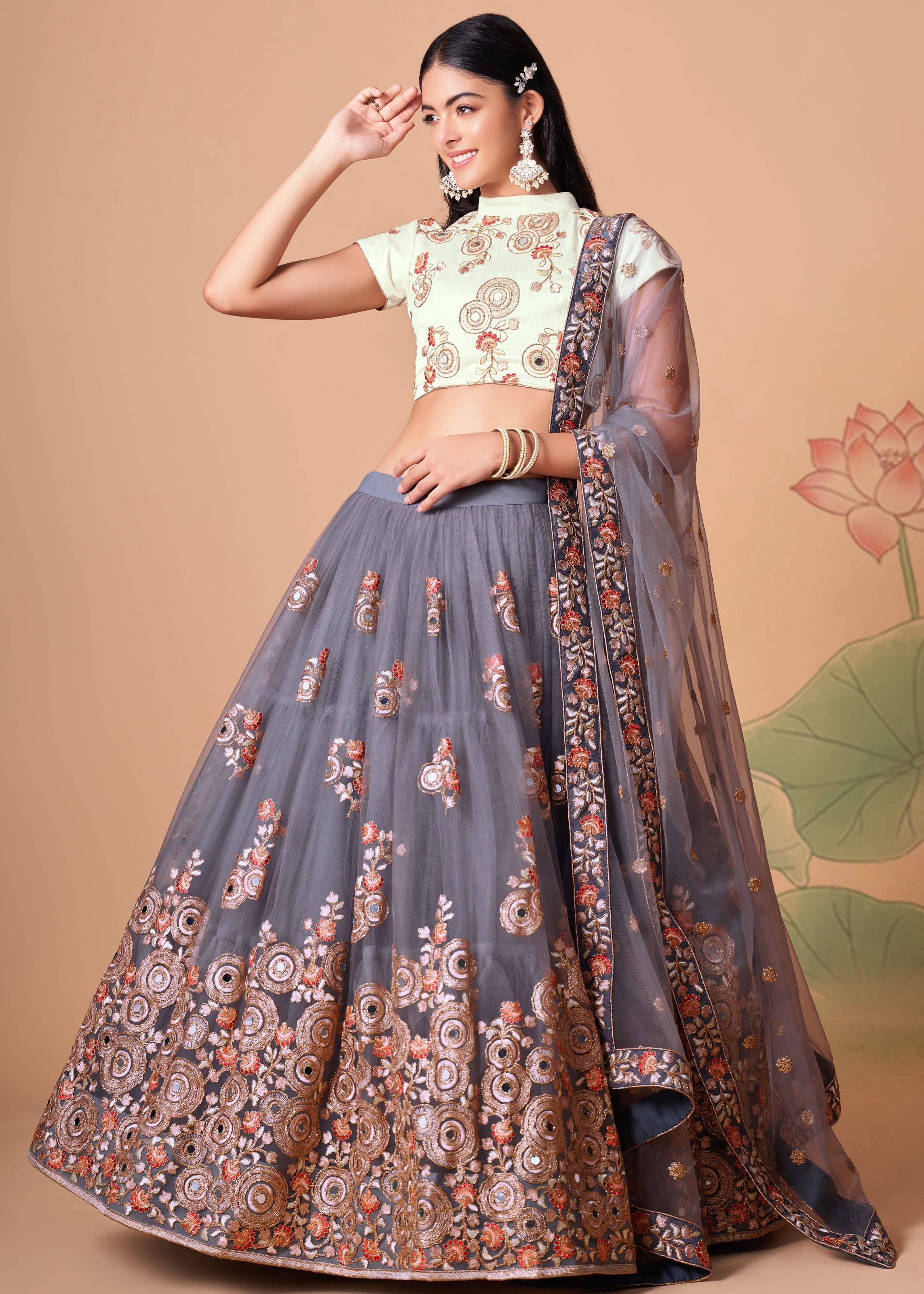 Grey Lehenga Choli With Thread, Zari, Dori And Sequins Embroidery With Mirror Work