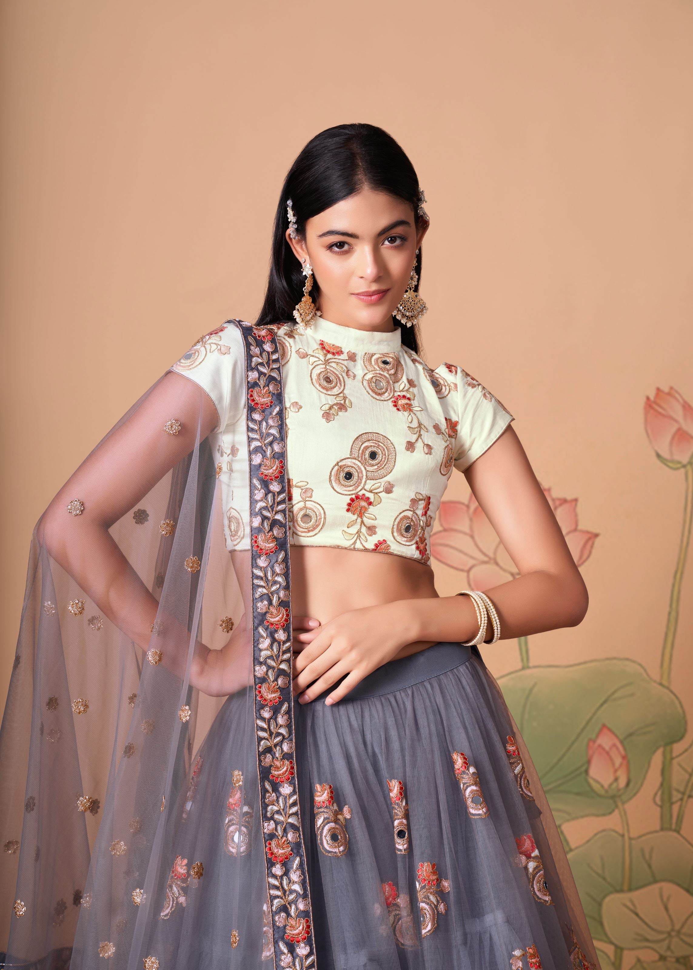 Grey Lehenga Choli With Thread, Zari, Dori And Sequins Embroidery With Mirror Work