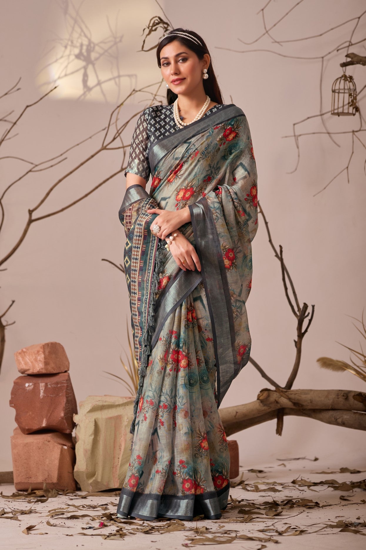 Grey Linen Cotton Saree With Digital Printed Classic Traditional Design