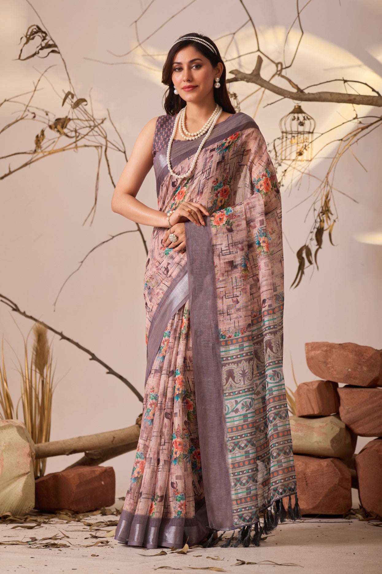 Grey Linen Cotton Saree with Digital Print
