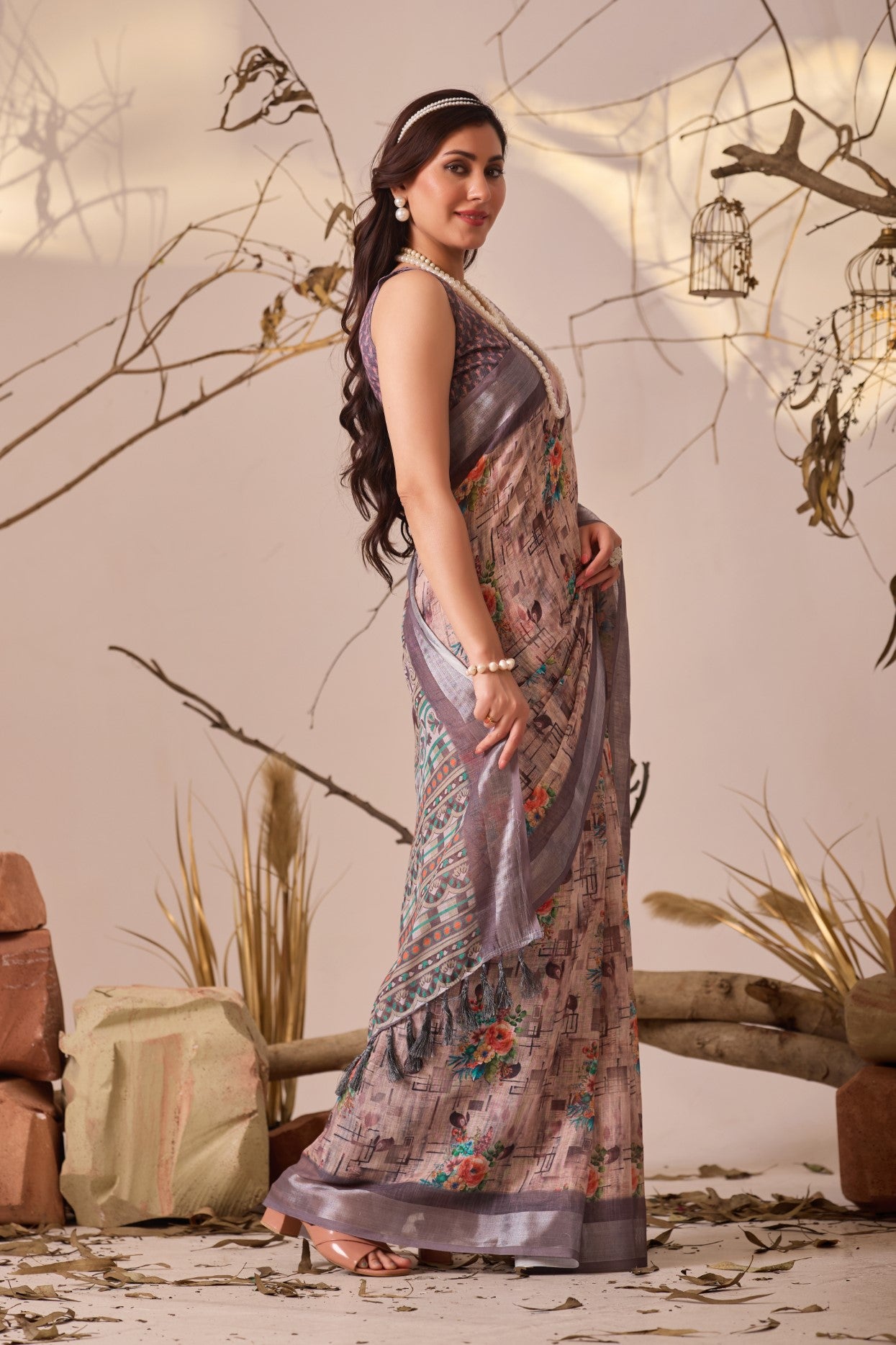 Grey Linen Cotton Saree with Digital Print