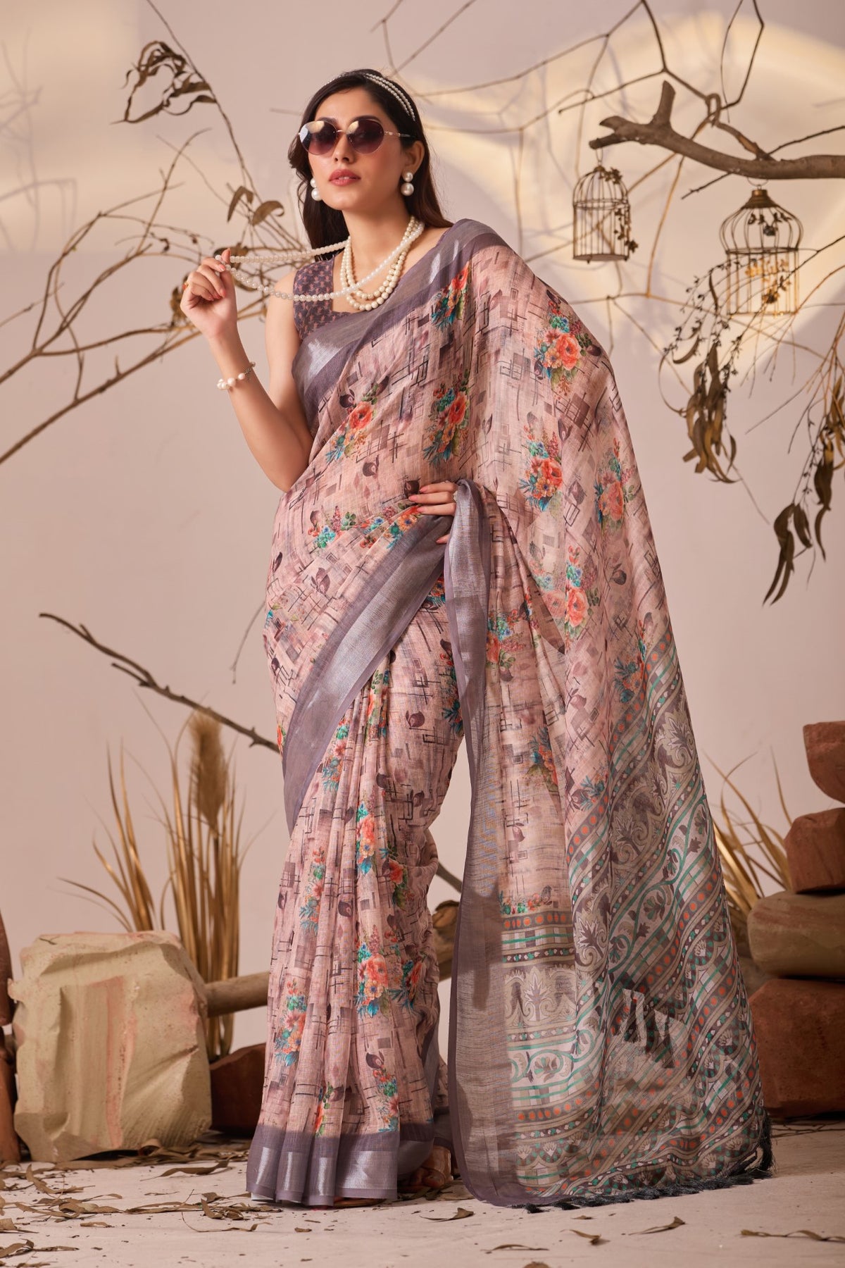 Grey Linen Cotton Saree with Digital Print