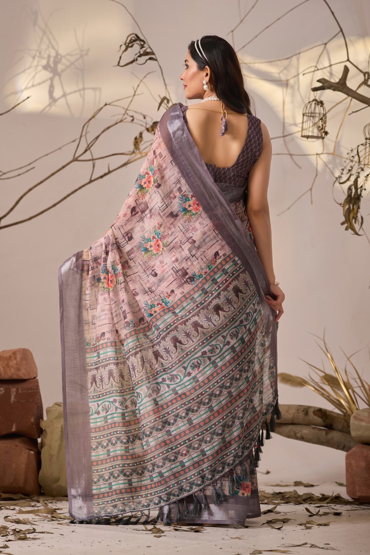 Grey Linen Cotton Saree with Digital Print