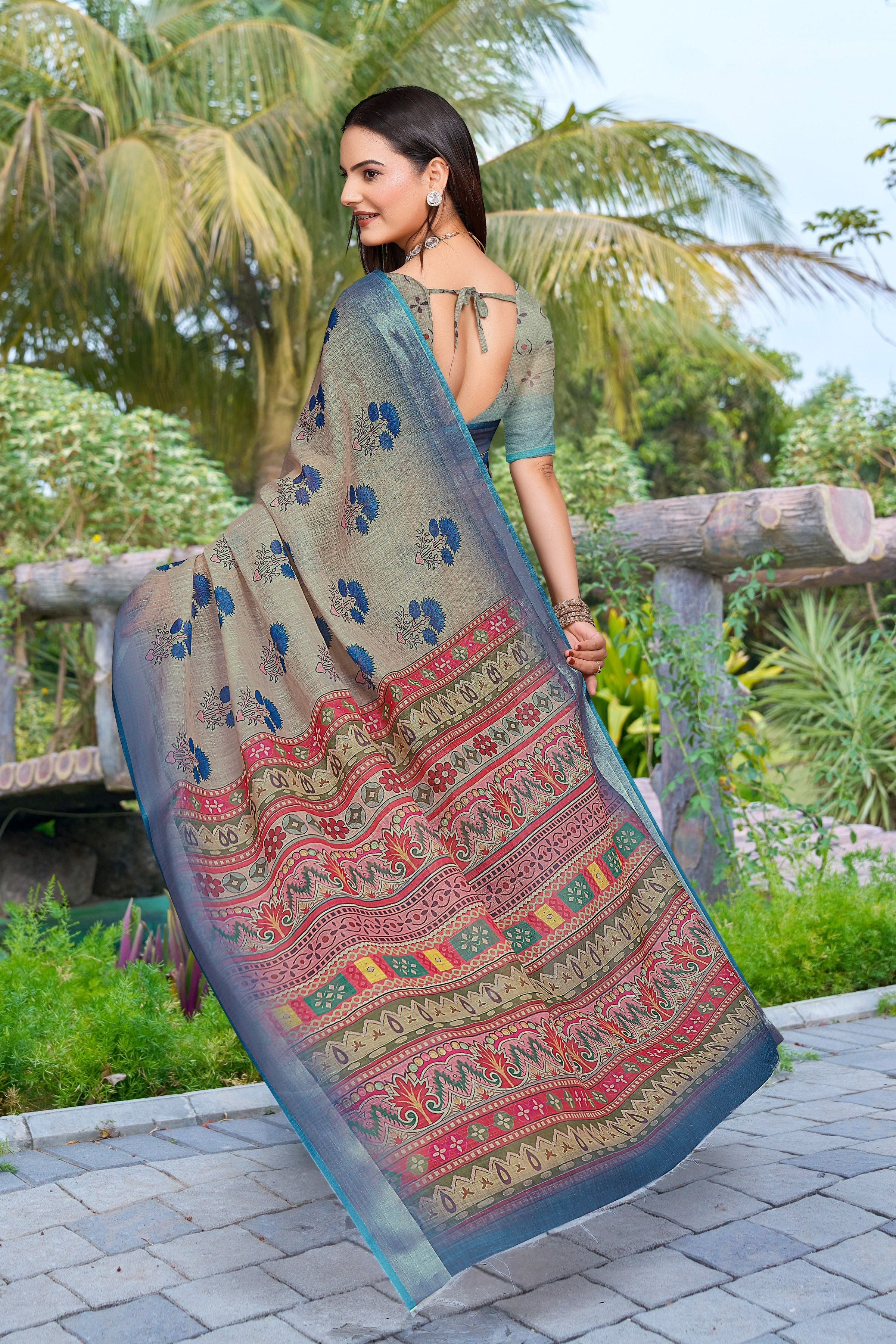 Grey Linen Cotton Woven Border Designer Printed Saree