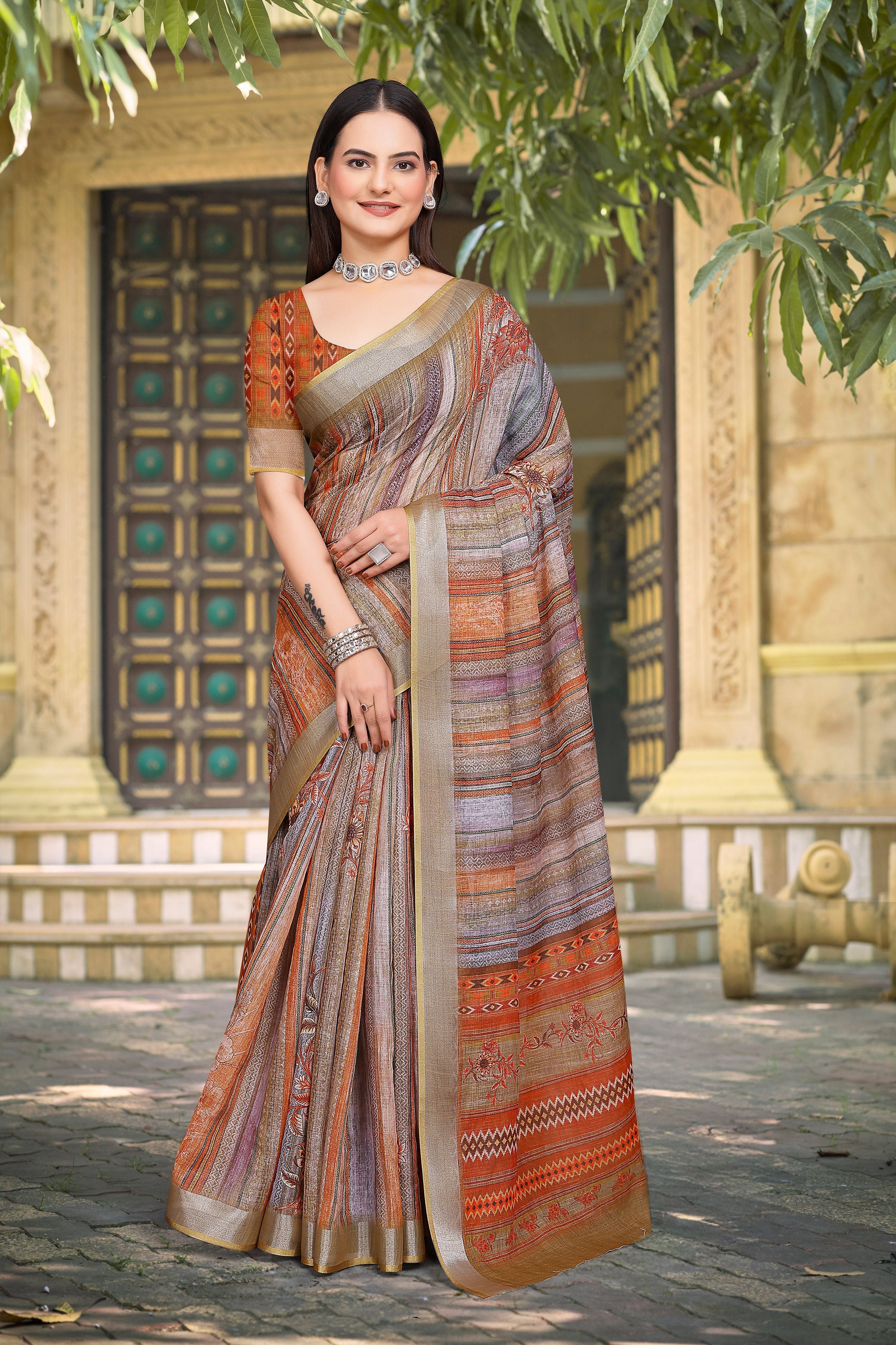 Grey Linen Cotton Woven Border Designer Printed Saree