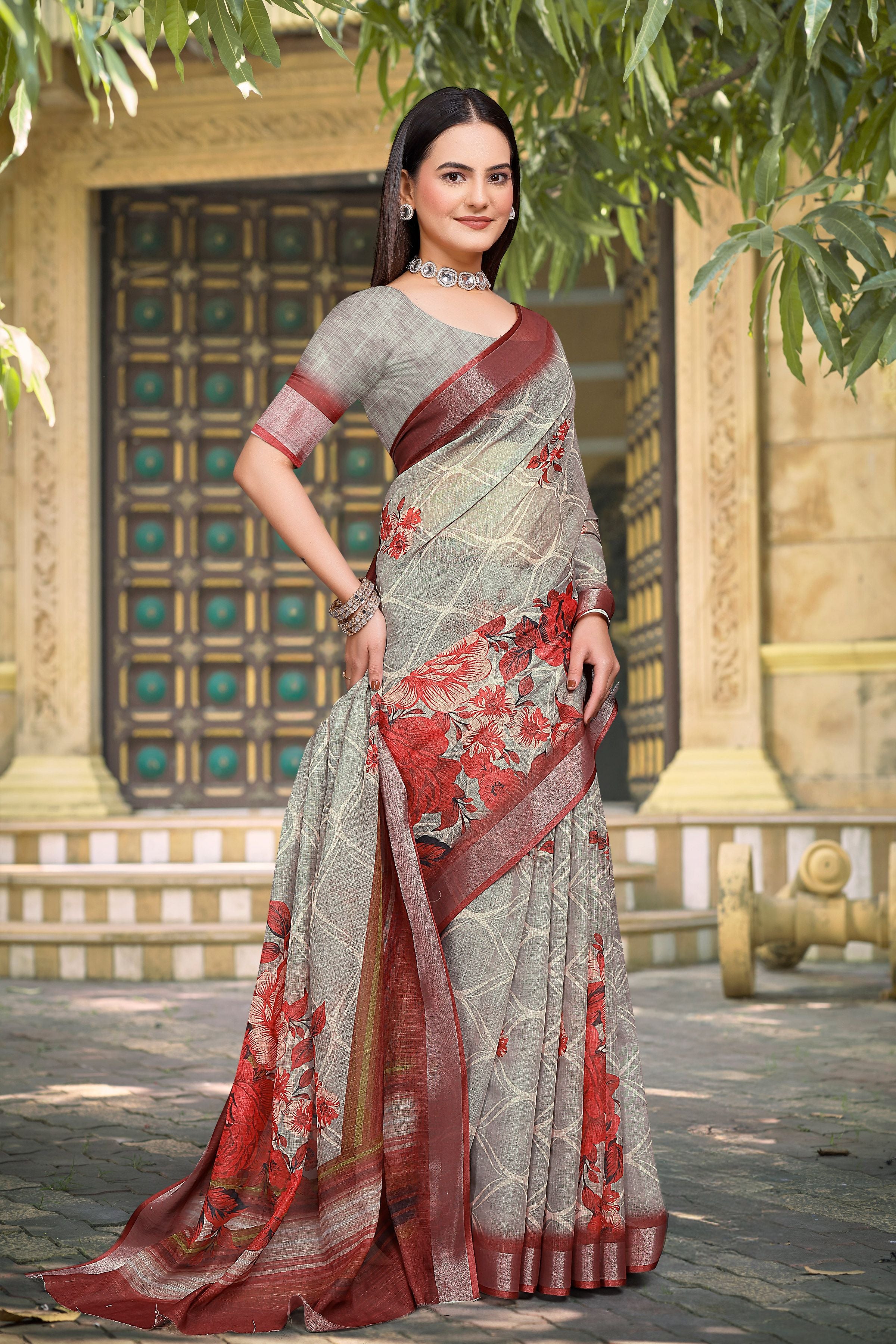 Grey Linen Cotton Woven Border Designer Printed Saree