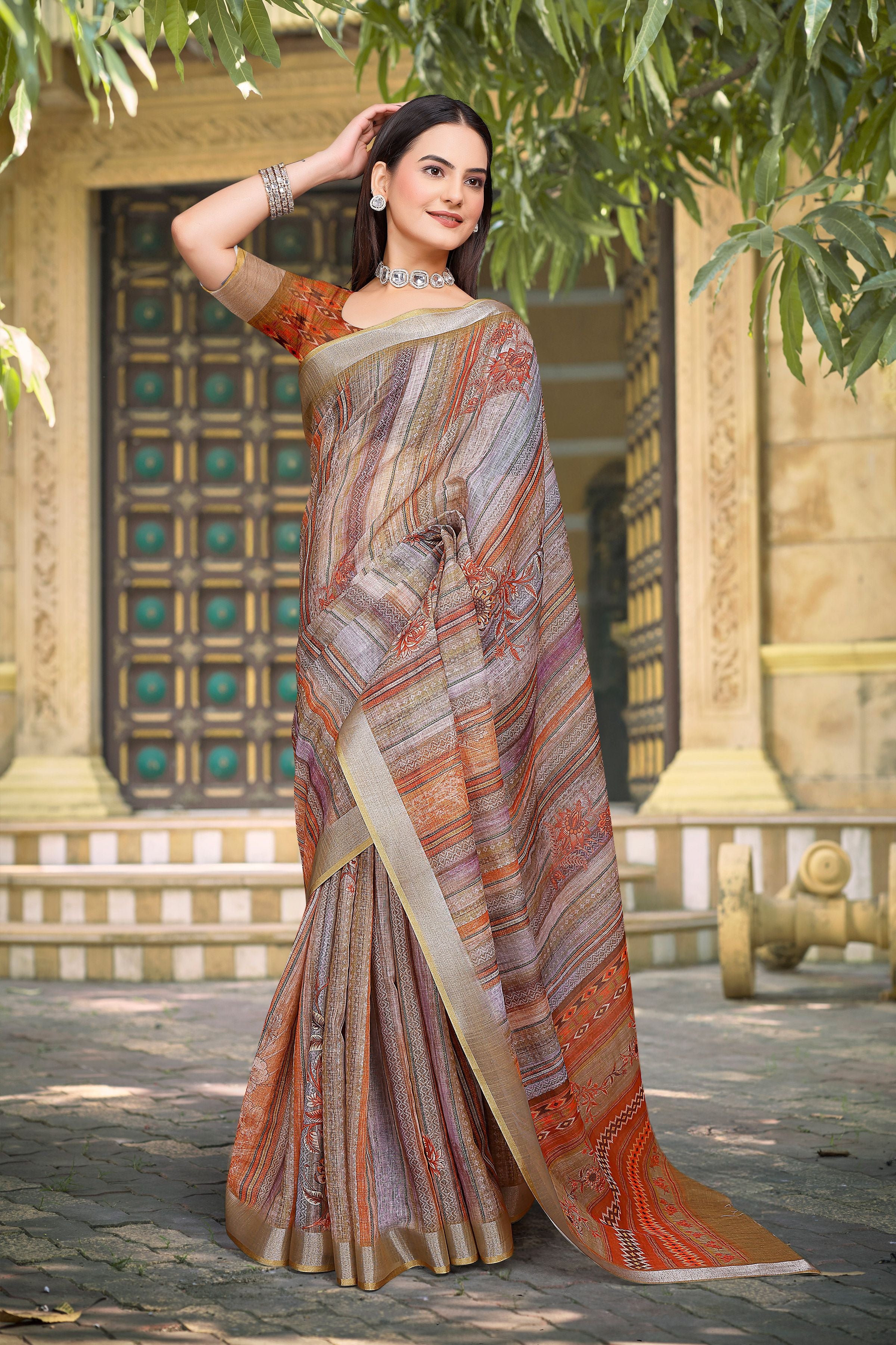 Grey Linen Cotton Woven Border Designer Printed Saree