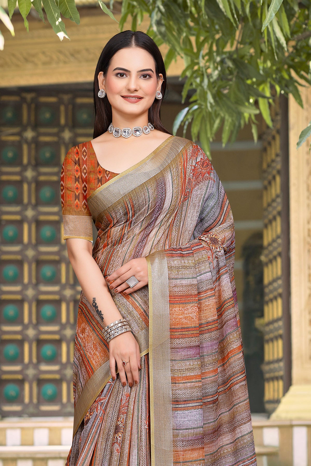 Grey Linen Cotton Woven Border Designer Printed Saree