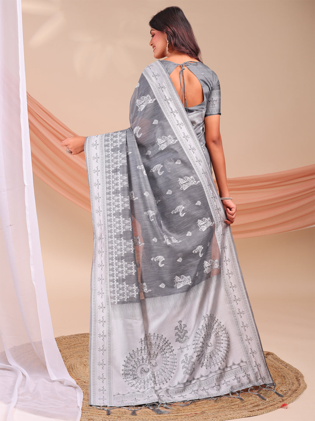 Grey Linen Cotton Woven Jacquard Designer Beautiful Partywear Saree
