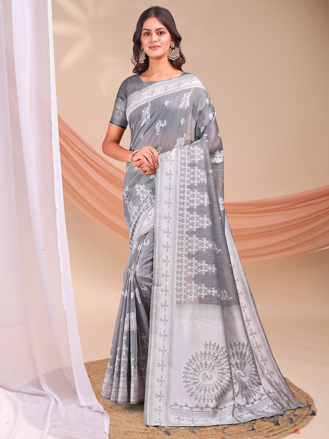 Grey Linen Cotton Woven Jacquard Designer Beautiful Partywear Saree