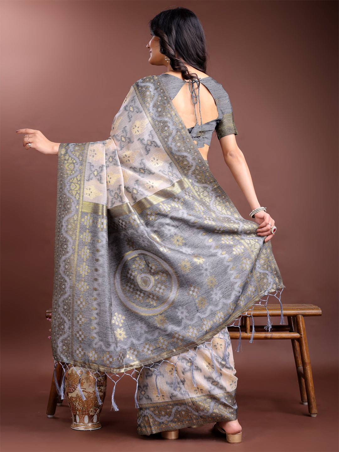 Grey Linen Cotton Woven Jacquard Designer Beautiful Traditional Saree