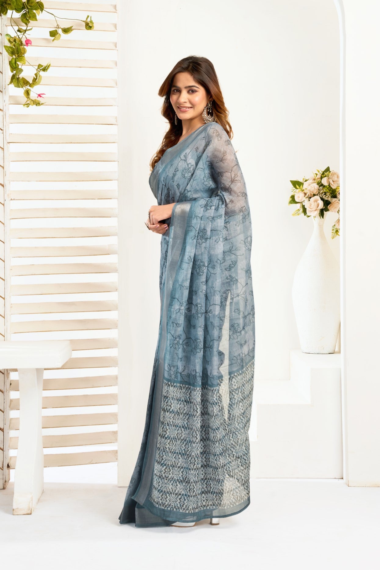 Grey Linen Ready To Wear Saree With Zari Border Printed