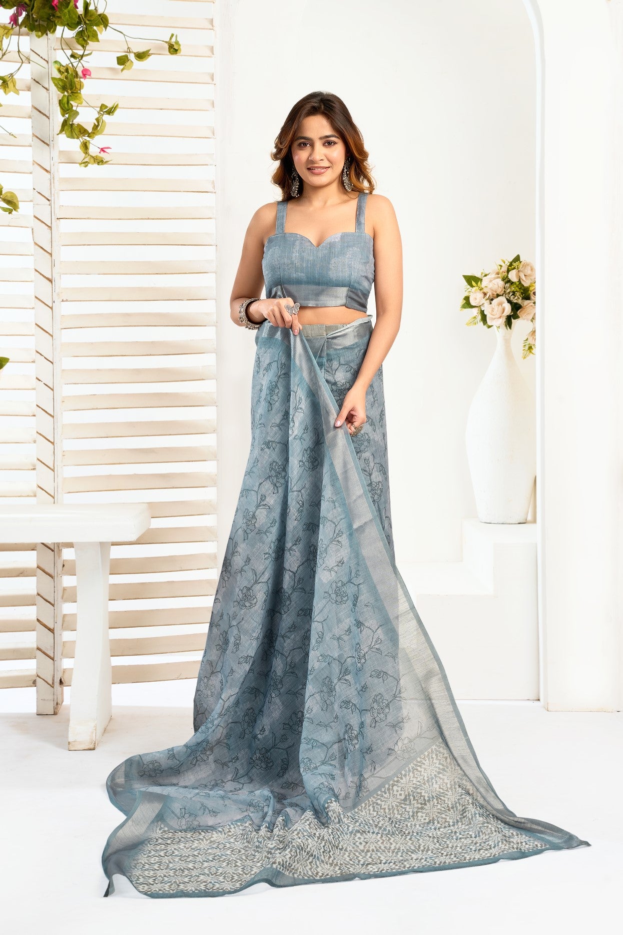 Grey Linen Ready To Wear Saree With Zari Border Printed