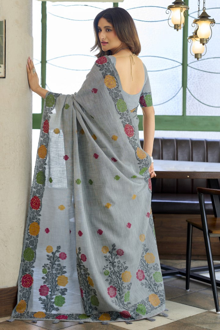 Grey Linen Saree with Sophisticated Jacquard Pattern Work