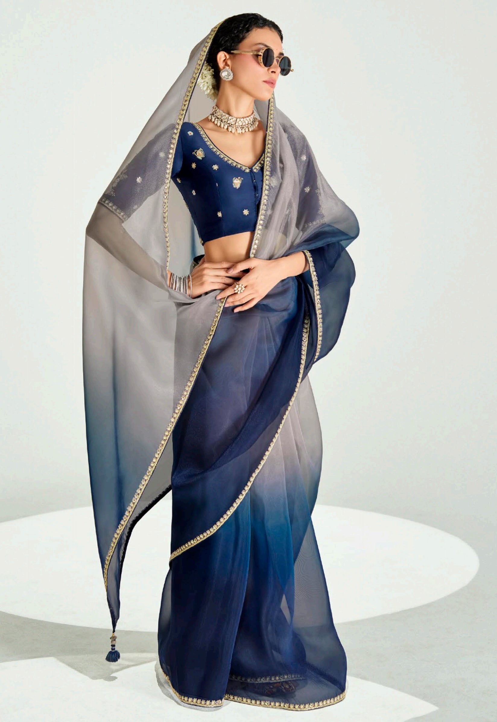 Grey Navy Blue Organza Saree with Embroidered Blouse