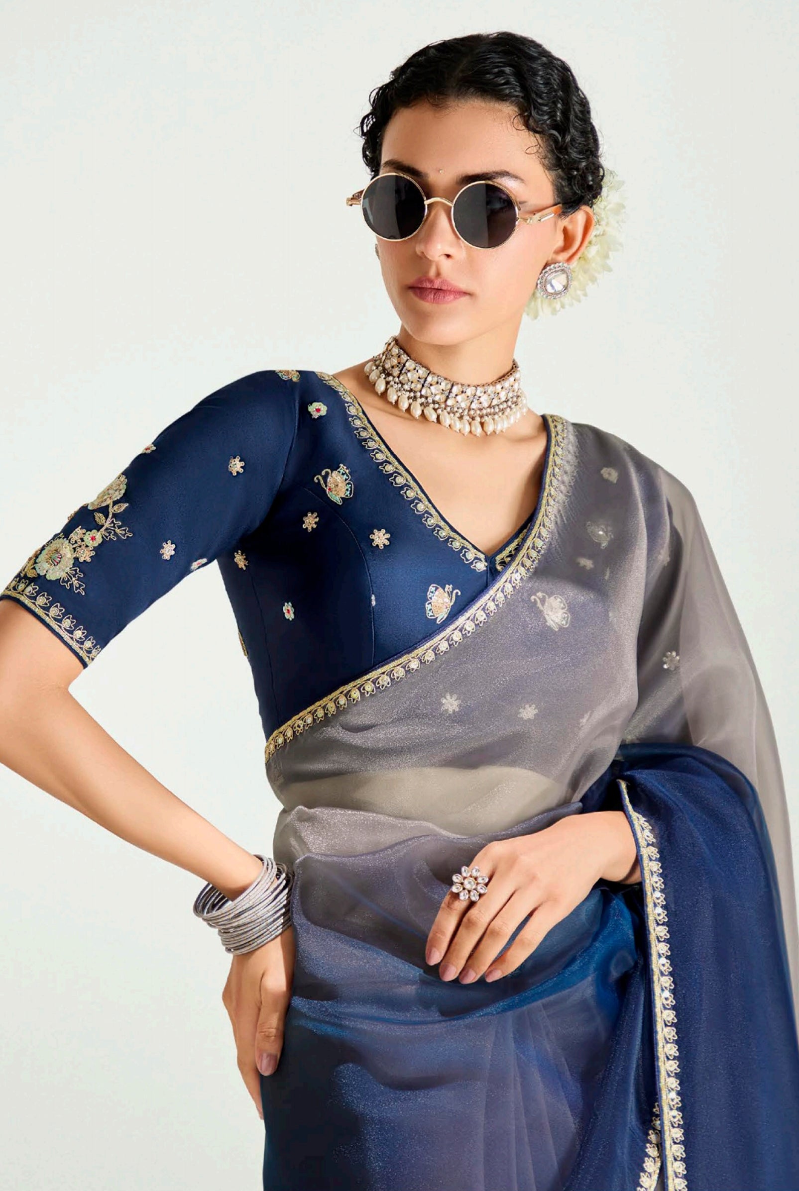 Grey Navy Blue Organza Saree with Embroidered Blouse