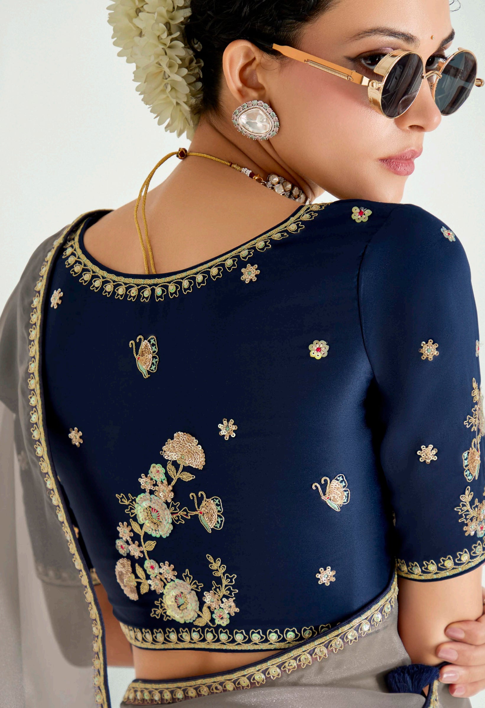Grey Navy Blue Organza Saree with Embroidered Blouse
