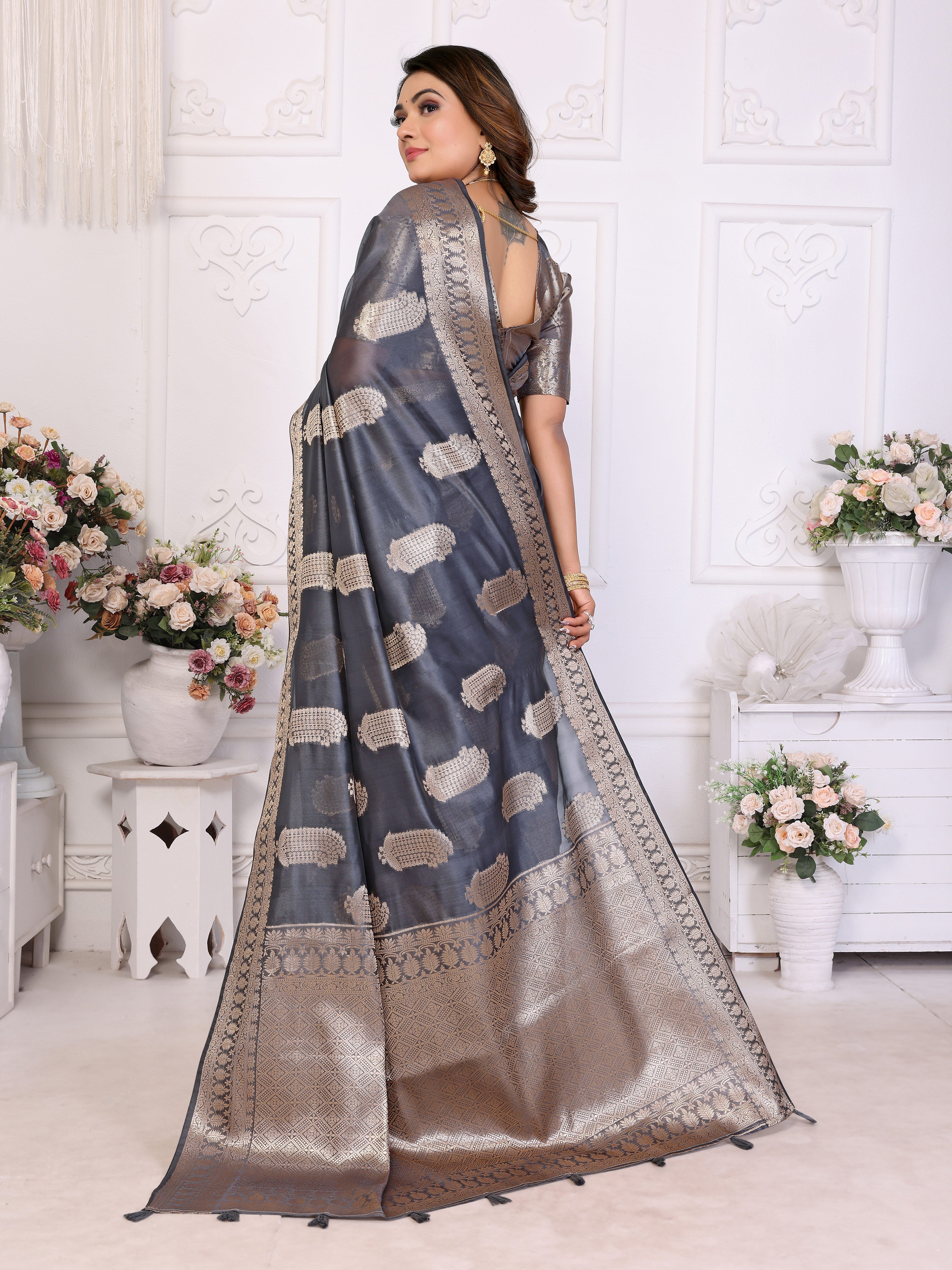Grey Organza Gold Zari Designer Beautiful Festive Saree