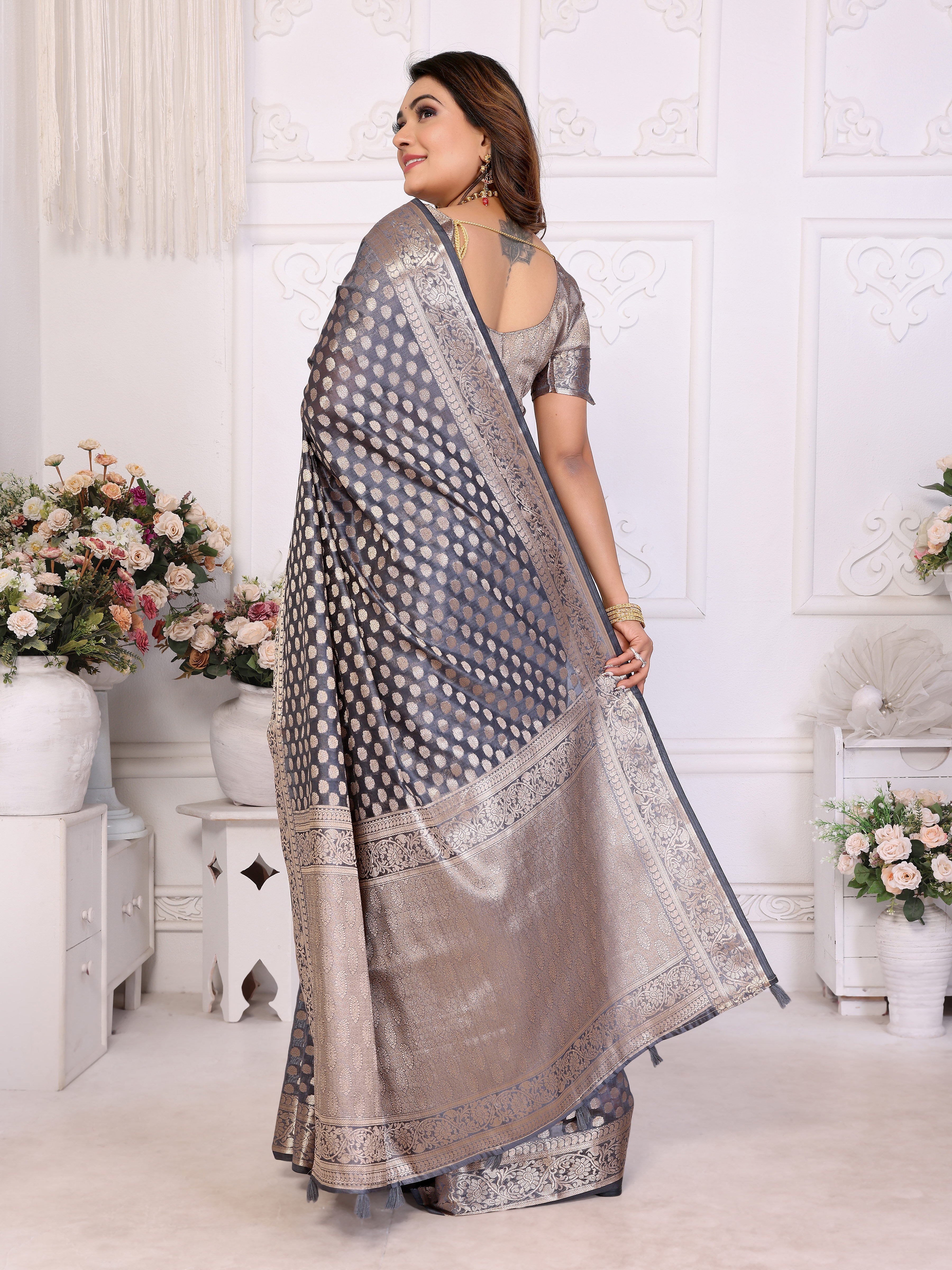 Grey Organza Gold Zari Designer Ceremonial Saree