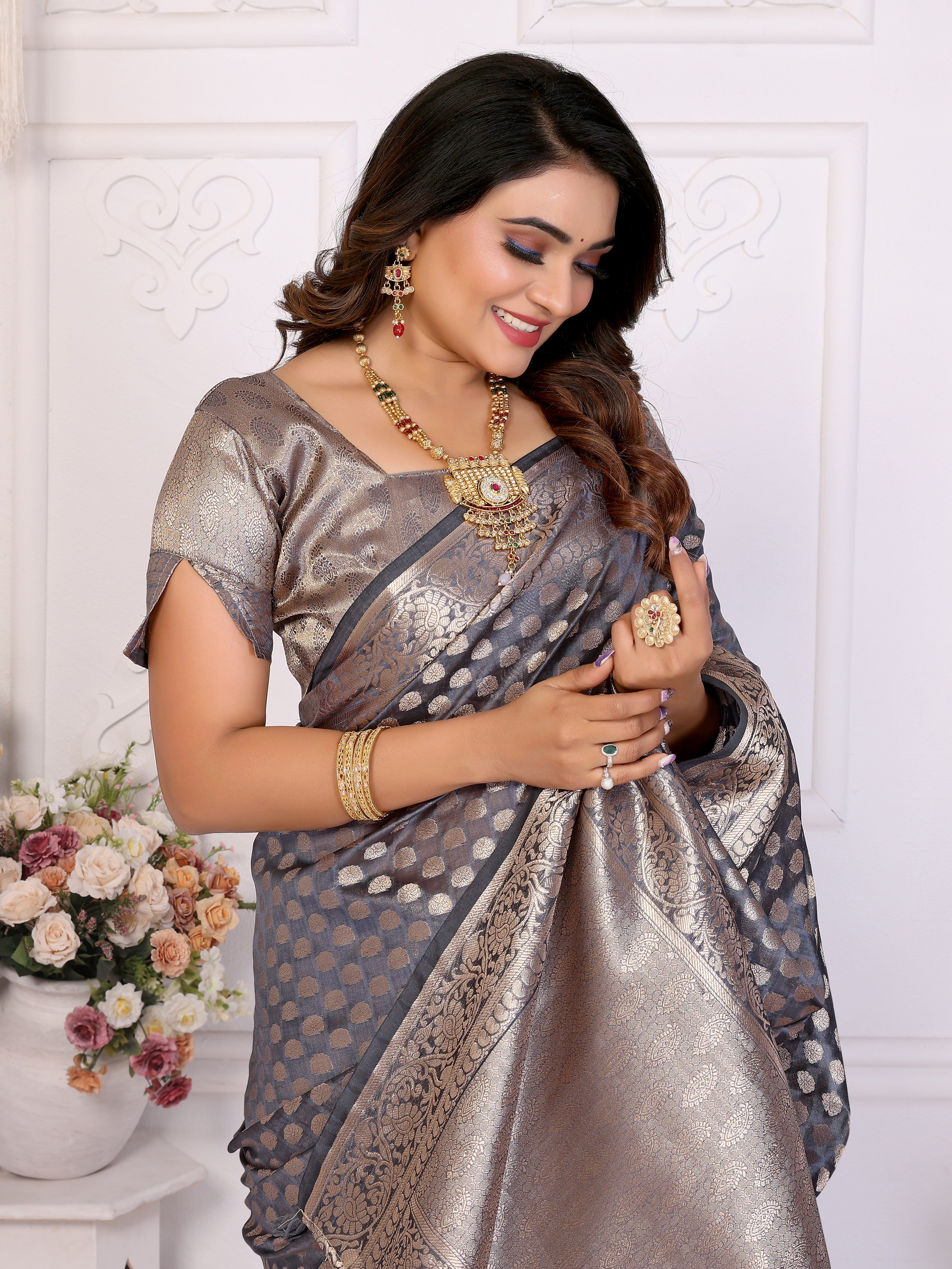 Grey Organza Gold Zari Designer Ceremonial Saree