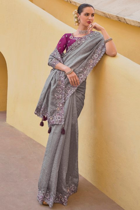 Grey Organza Silk Saree With Heavy Thread Embroidery With Sequins Work