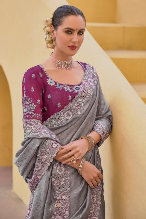 Grey Organza Silk Saree With Heavy Thread Embroidery With Sequins Work