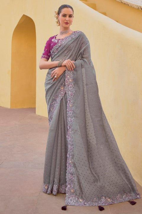 Grey Organza Silk Saree With Heavy Thread Embroidery With Sequins Work