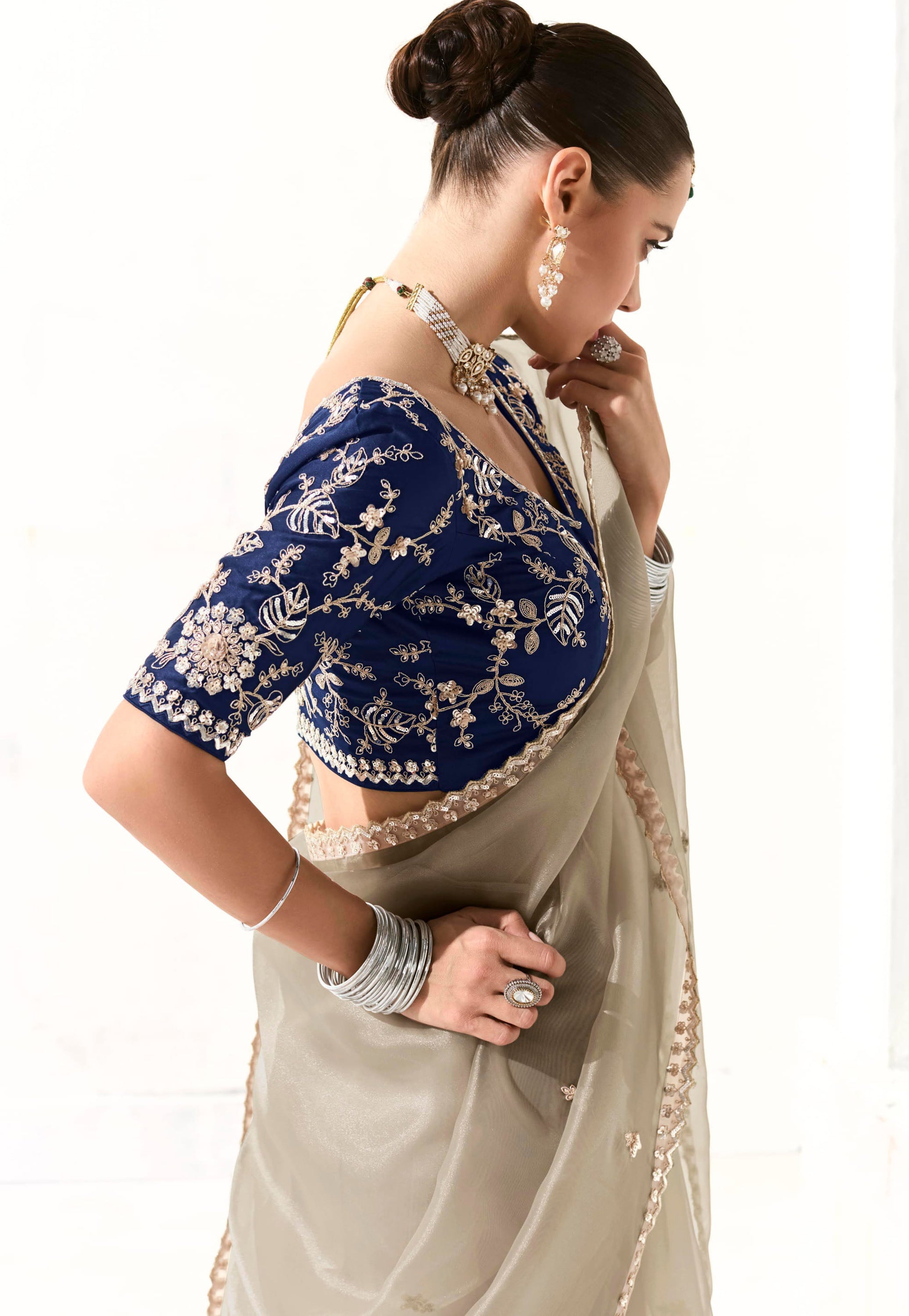 Grey Organza Tissue Saree With Heavy Embroidery Butta Work With Embroidered Blouse