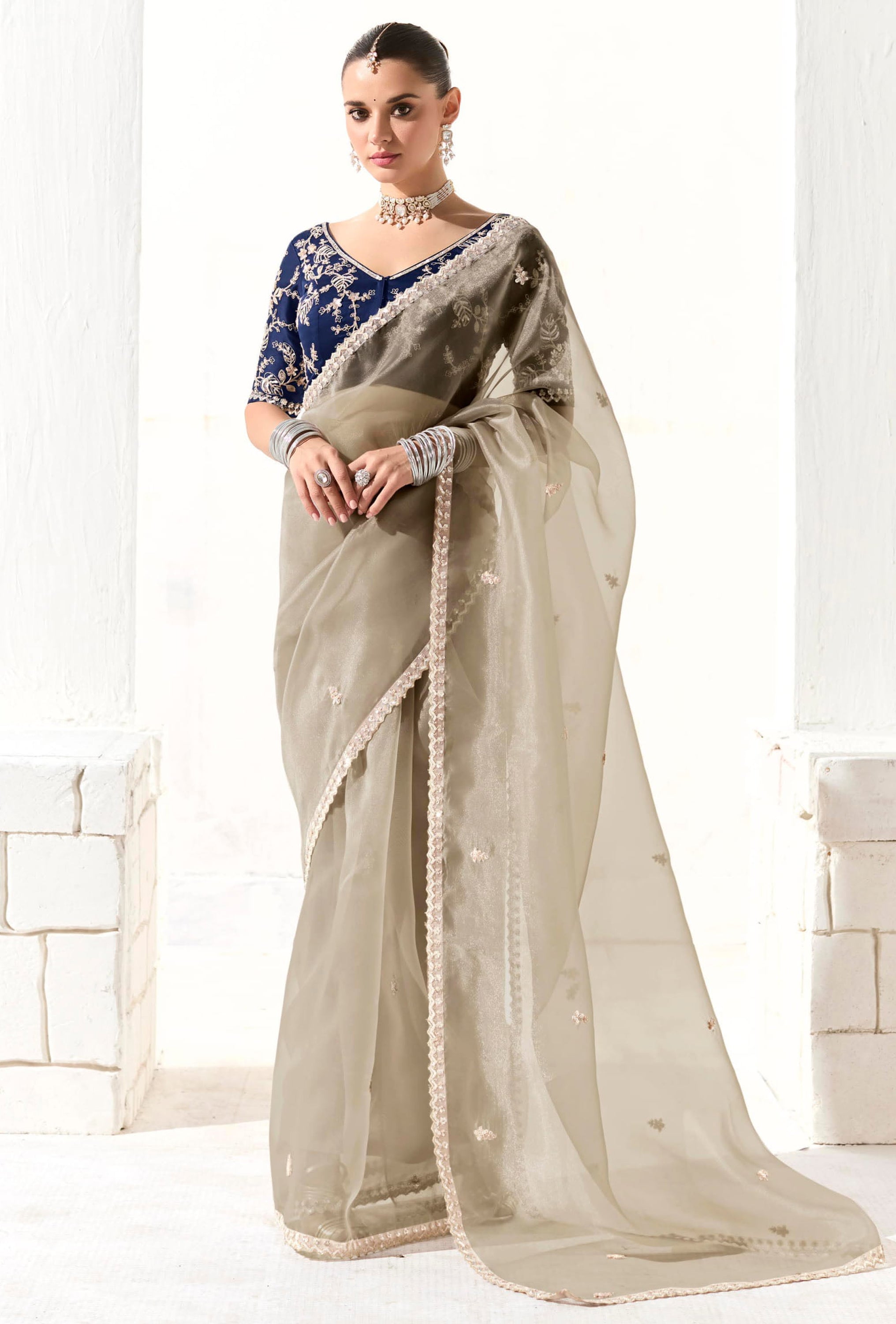 Grey Organza Tissue Saree With Heavy Embroidery Butta Work With Embroidered Blouse